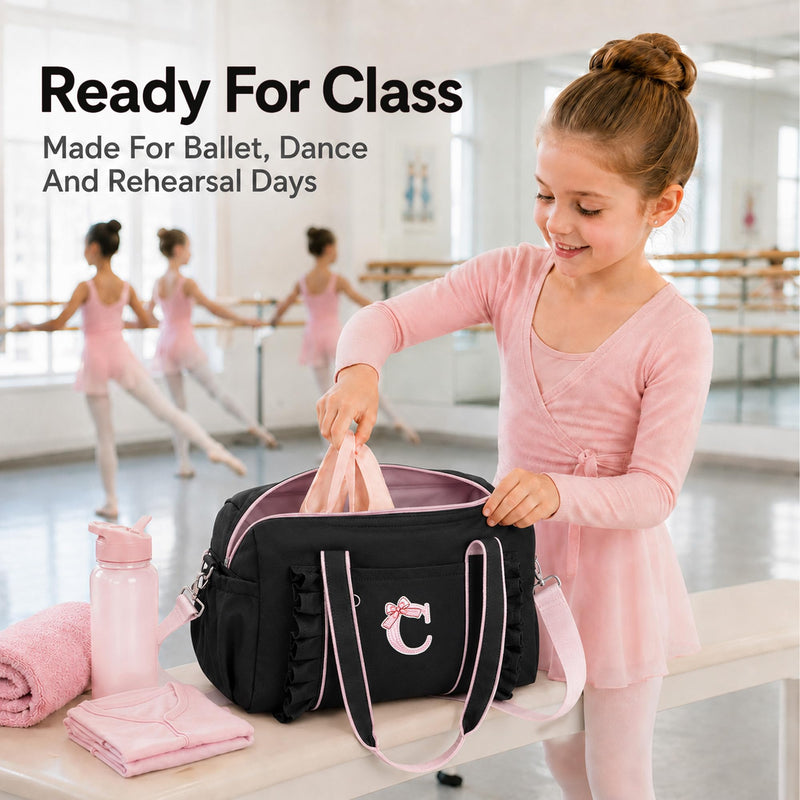 LEDAOU Dance Bag for Girls, Initial Ballet Duffle, Travel and Overnight Bag | 13-inch personalized dance duffle with 2 compartments, wet-dry pocket and adjustable strap for travel, overnights and gifts. Black Initial C