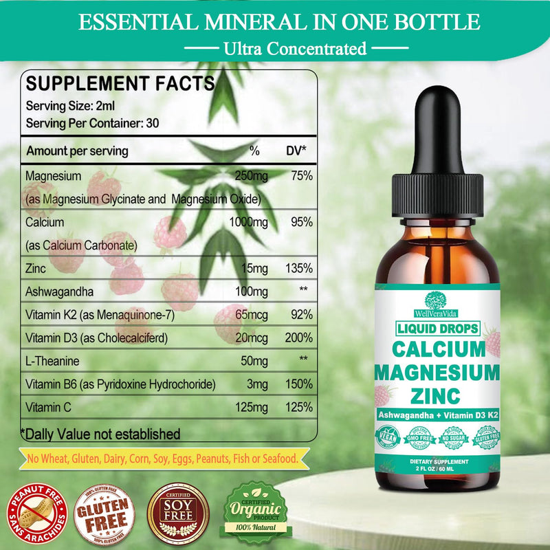 Calcium Magnesium Zinc Liquid Drops, Calcium Supplement with Vitamin D3 K2 | Fast Absorbing Liquid Calcium Magnesium Supplement w/Magnesium Complex, Zinc, Theanine for Immune, Bone,Muscle Support, Vegan Raspberry 2 Fl/Oz