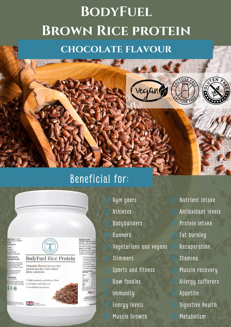 BodyFuel Brown Rice Protein Powder Plus Chicory, Green Tea & Guarana Seed Extract | Hypoallergenic | NO GMOs | Vegan | 500g