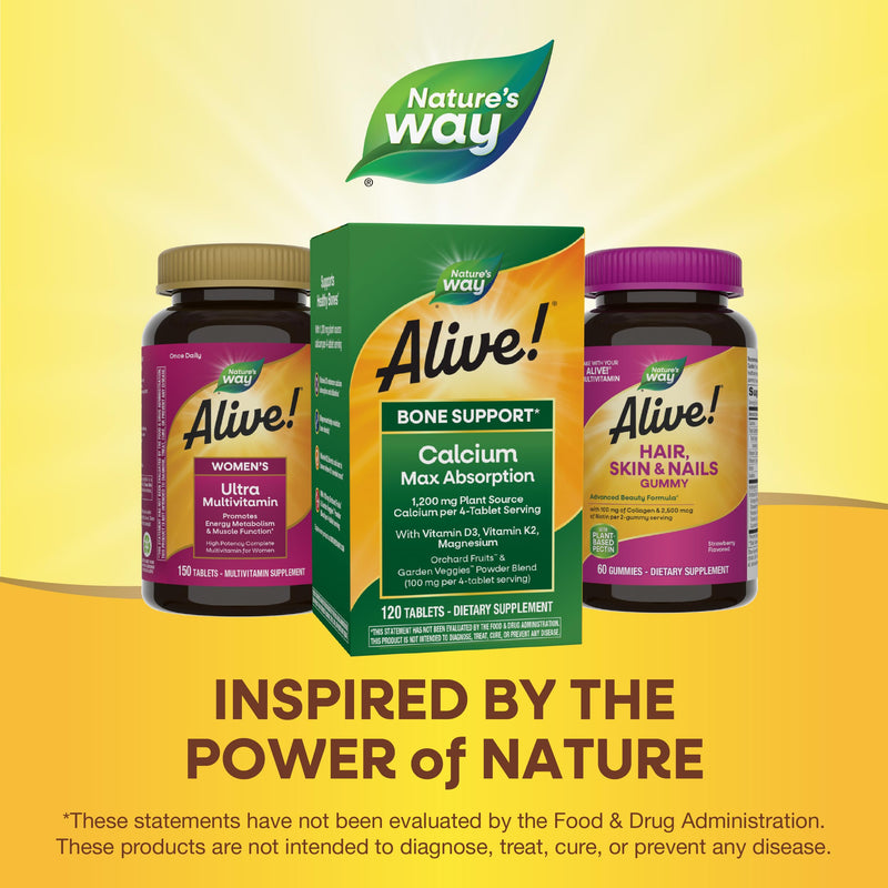 [Australia] - Nature's Way Alive! Calcium Max Absorption, Bone Support*, Plant Source Calcium, Vitamin D3 & K2, Magnesium, 120 Tablets (Packaging May Vary) Unflavored 120 Count (Pack of 1) 