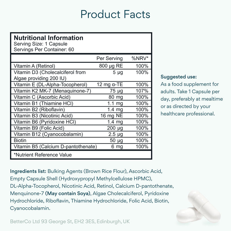 Bettervits Multivitamin Tablets for Women & Men with 13 Vitamins | Multivitamins A,B,C,D,E, Biotin - Energy Boost & Immunity Support | Gluten-Free and Vegetarian Friendly | 60 Vitamin Capsules