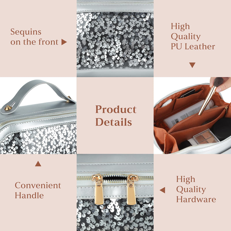 KEYPOWER Glitter Sequin Travel Makeup Bag & Jewelry or Makeup Storage Tray Silver