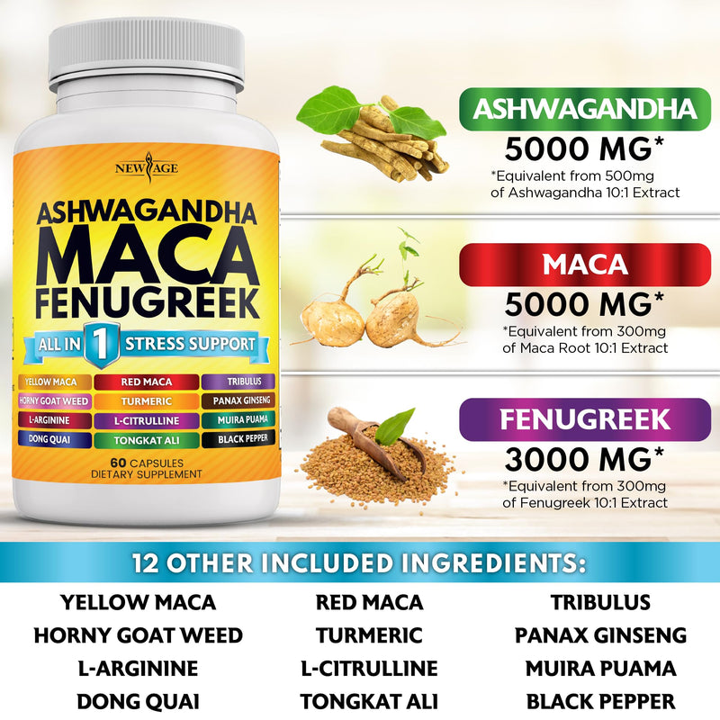 NEW AGE Ashwagandha 5000mg Maca Root 5000mg Fenugreek 3000mg Supplement with Tongkat Ali Ginseng - Assists with Overal Mood - Made in USA - 120 Count