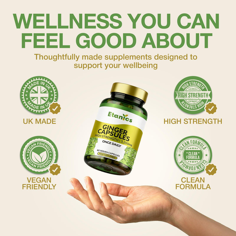 Ginger Capsules 3200mg High Strength | Ginger Root Extract Supplement for Nausea Relief, Digestive Health, Joint Support & Immune Wellness | Vegan & Vegetarian Friendly | Made in the UK 60 count (Pack of 1)