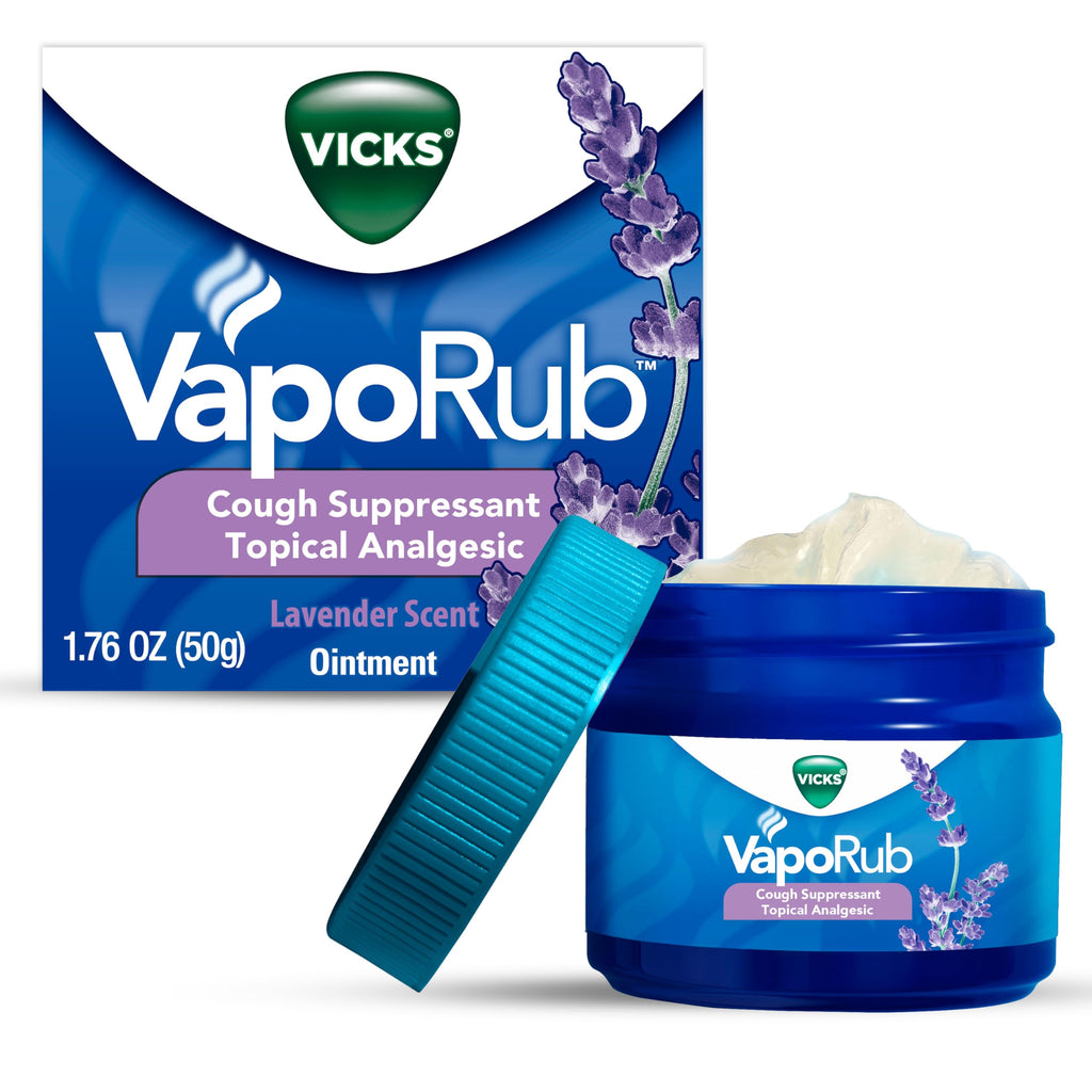 Vicks VapoRub, Lavender Scent, Cough Suppressant, Topical Chest Rub & Analgesic Ointment, Medicated Vicks Vapors, Relief from Cough Due to Cold, Aches & Pains, 1.76oz