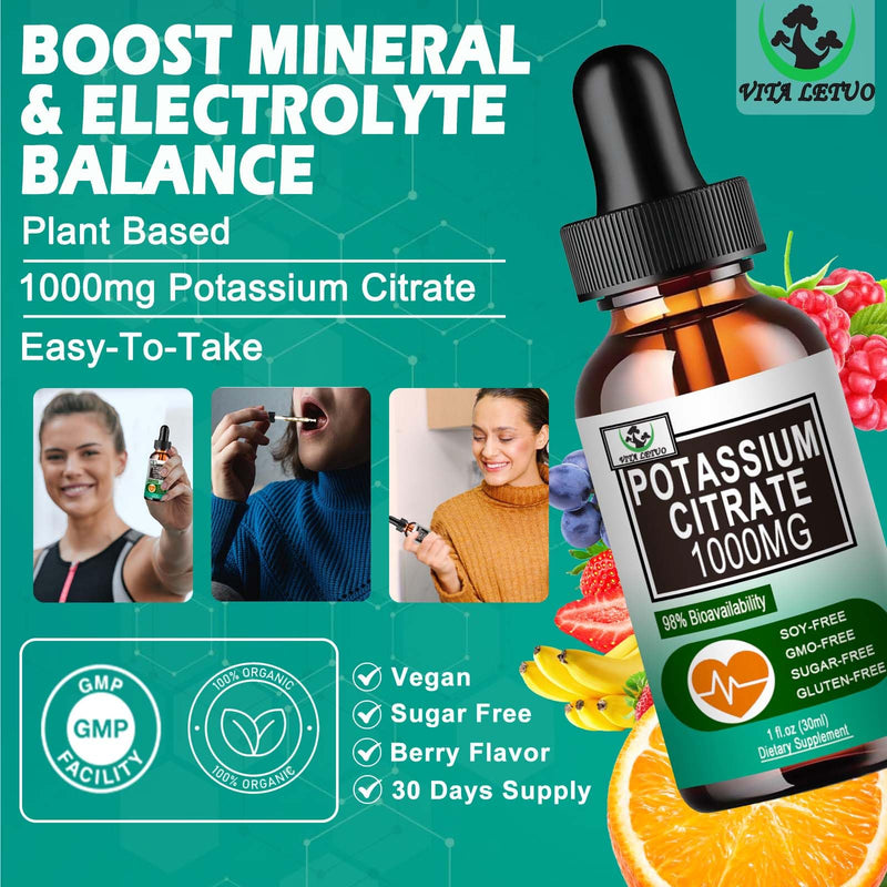 [Australia] - Potassium Citrate Liquid Drops,Potassium Supplement 1000mg Liquid Support Muscle Cramp Relief, Heart Health and Sleep,Highly Absorbable for Adults Women & Men, Vegan, 30 Servings 