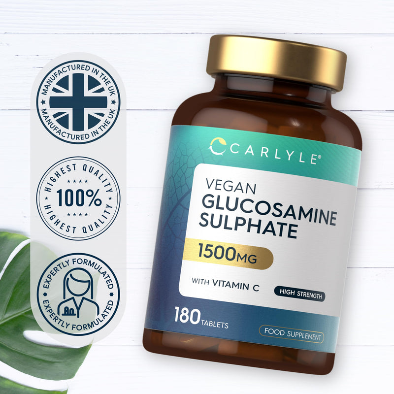 Vegan Glucosamine Sulphate 2KCl 1500mg | with 24mg Vitamin C | 180 High Strength Tablets | Glucosamine 2KCl Supplement | By Carlyle