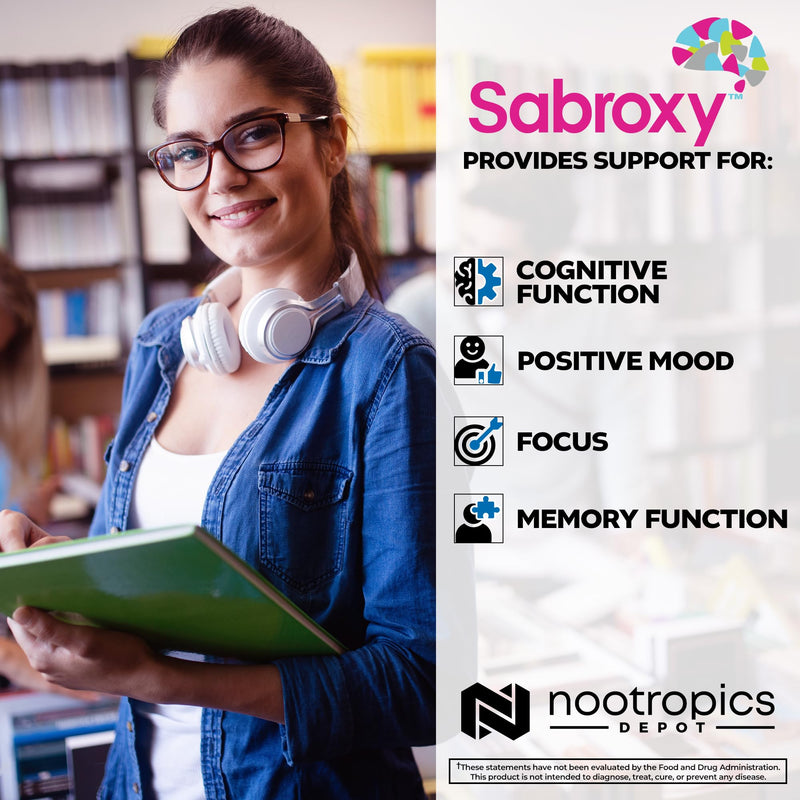 Nootropics Depot Sabroxy® Tablets | 100mg | 90 Count | Minimum 10% Oroxylin-A | Oroxylum indicum | May Help Promote Focus & Motivation | May Help Promote Cognitive Function 90 Count (Pack of 1)