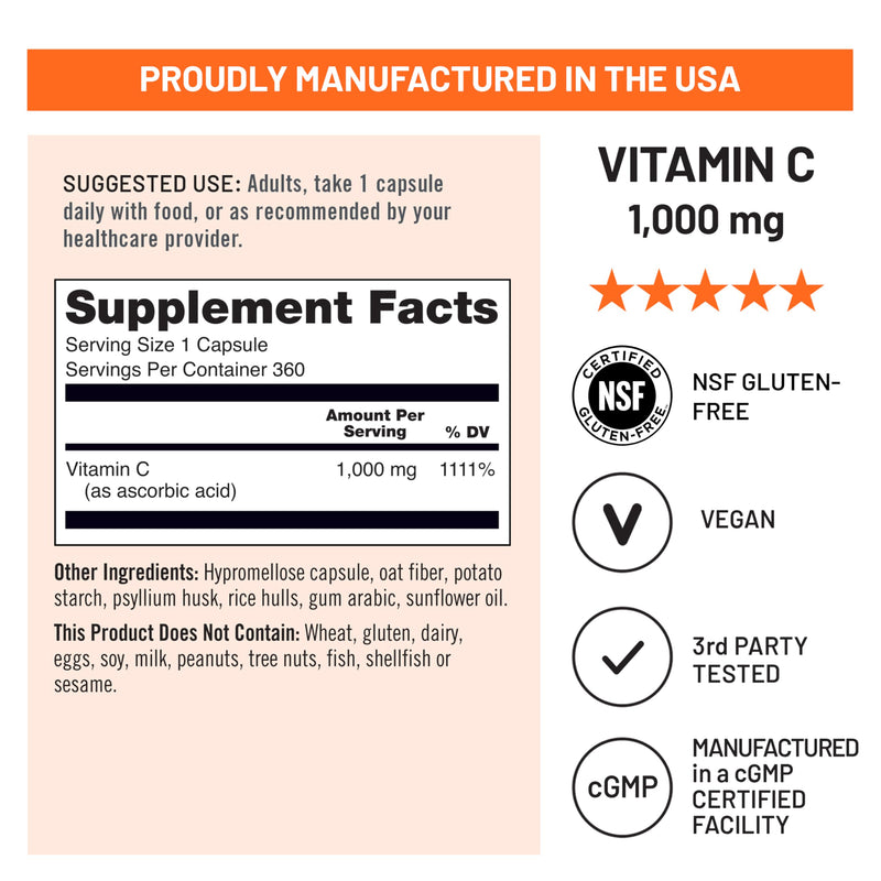 NatureWise Vitamin C 1000mg Capsules - Extra Strength Vegan Vitamin C for Daily Antioxidant & Immune Support - Non-GMO, USA Manufactured - 360 Capsules[360-Day Supply] Unflavored 360 Count (Pack of 1)