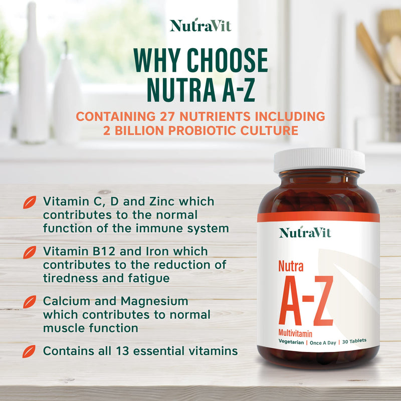 Nutra A-Z| Vegetarian Multivitamins & Minerals - 30 Tablets| 27 Nutrients Including probiotics| Men & Woman Multivitamins - by NutraVit