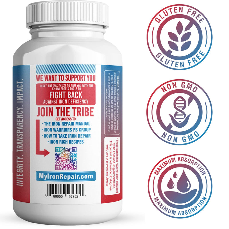 [Australia] - Iron Repair PLUS Heme Iron Supplement, Best Absorption Gentle on Stomach, Monash Low FODMAP, Raise Hemoglobin & Ferritin for Women, Teens & Pregnancy Methylated B-12 & Folate, 90 Gelatin Capsules 