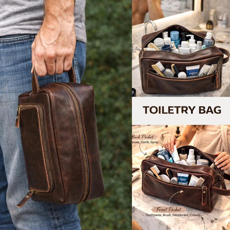 Men's Toiletry Bag Leather Travel Toiletry Bag Dopp Kit for Men Shaving Bag for Travel Accessories 101 YEAR QUALITY REPLACEMENT WARRENTY Dark Chocolate Brown