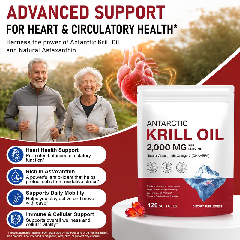 Antarctic Krill Oil 2000mg Softgels with Omega-3s EPA, DHA, Astaxanthin and Phospholipids Supplement 120 Softgels