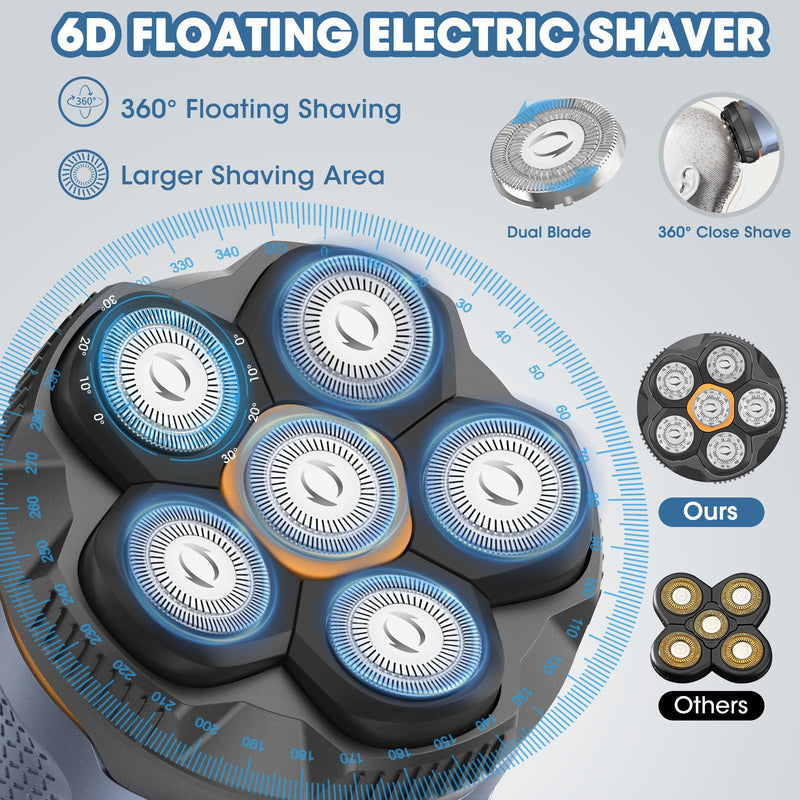 [Australia] - 6D Electric Head Shaver for Men, Magnetic Wet & Dry Razor Electric Razor Hair Trimmer, IPX6 Waterproof, LED Display, Rechargeable Cordless Grooming Kit Grayish Blue 