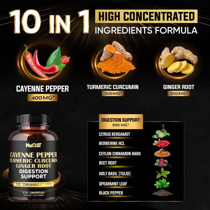 [Australia] - Extract 10:1 Cayenne Pepper Supplement with Turmeric Curcumin Root, Ginger Root, Ceylon Cinnamon Bark & More - Immune System, Joint Health & Digestive Health Support - 210 Capsules 