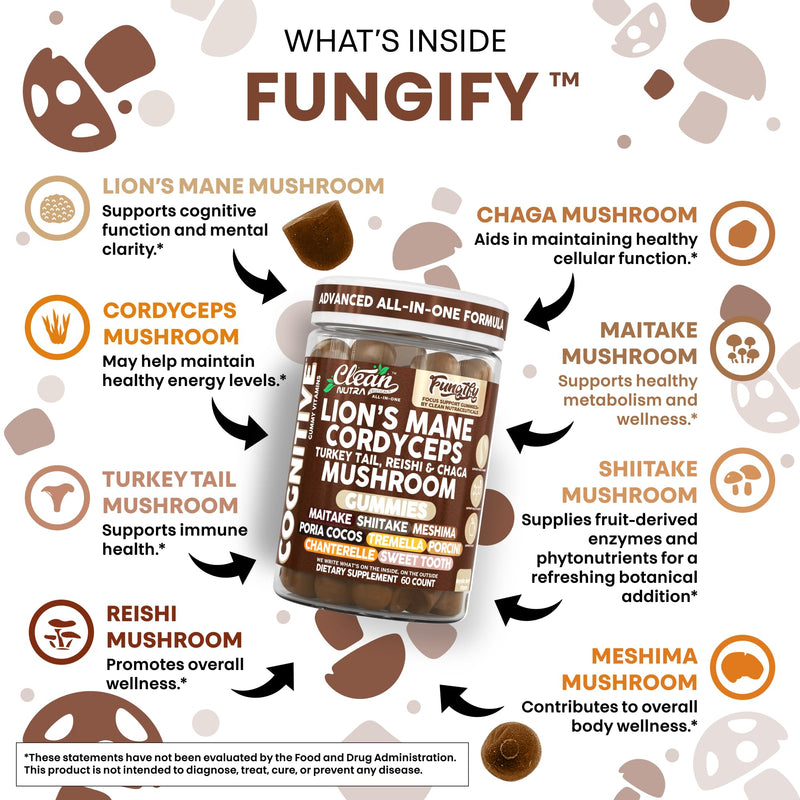 Clean Nutra Lions Mane Mushroom Gummies Cordyceps Supplement for Memory and Focus Immune Support Vitamins Reishi Chaga Turkey Tail Mushrooms Gummy Shiitake Maitake Meshima Supplements
