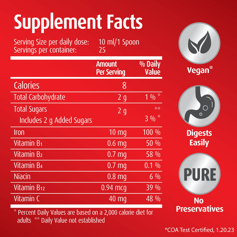 hübner Iron Vital Liquid Iron Supply Plus Vitamin C, Dietary Supplement for Adults and Kids, Vegan and Gluten-Free, Fruit Flavor, 250 ml Bottle, 25 Servings 8.45 Fl Oz (Pack of 1)