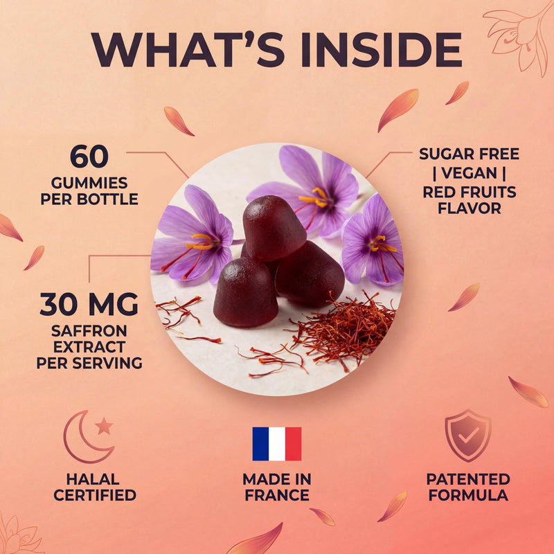 SaffroGene® Saffron Gummies + Vitamin B6 – Patented Saffron Extract – Vegan Red Berry Flavour – Mood & Emotional Balance Support – Focus & Relaxation – 60 Gummies, Made in France