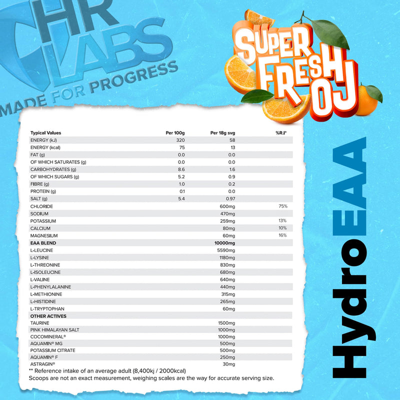 HydroEAA, Complete Hydration & EAA Essential Amino Acid Formula, with Comprehensive Electrolytes Profile, 540g, 30 Servings, 4 Flavours (540g, Super Fresh OJ)