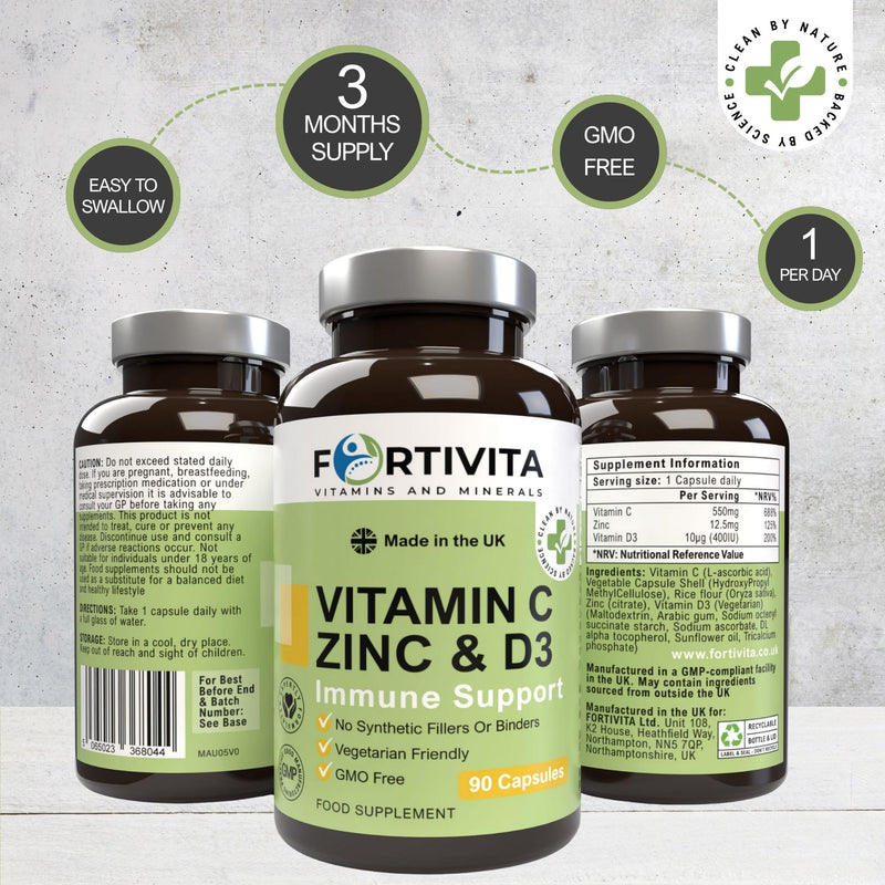Vitamin C 550 mg, Zinc & Vitamin D3 400 IU – Immune Support Supplement – High Strength Antioxidant Formula – 90 Vegetarian Capsules – Made in the UK – GMO Free, No Synthetic Fillers