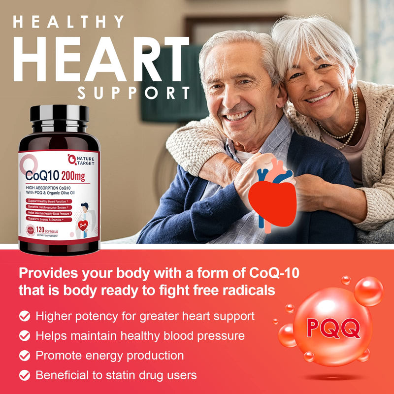 [Australia] - NATURE TARGET CoQ10-200mg-Softgels + PQQ with Organic-Olive-Oil - High Absorption-Coenzyme-Q10 - Antioxidant-for-Heart-Health and Immune Support, Energy Production, 120 Servings 120 Count (Pack of 1) 