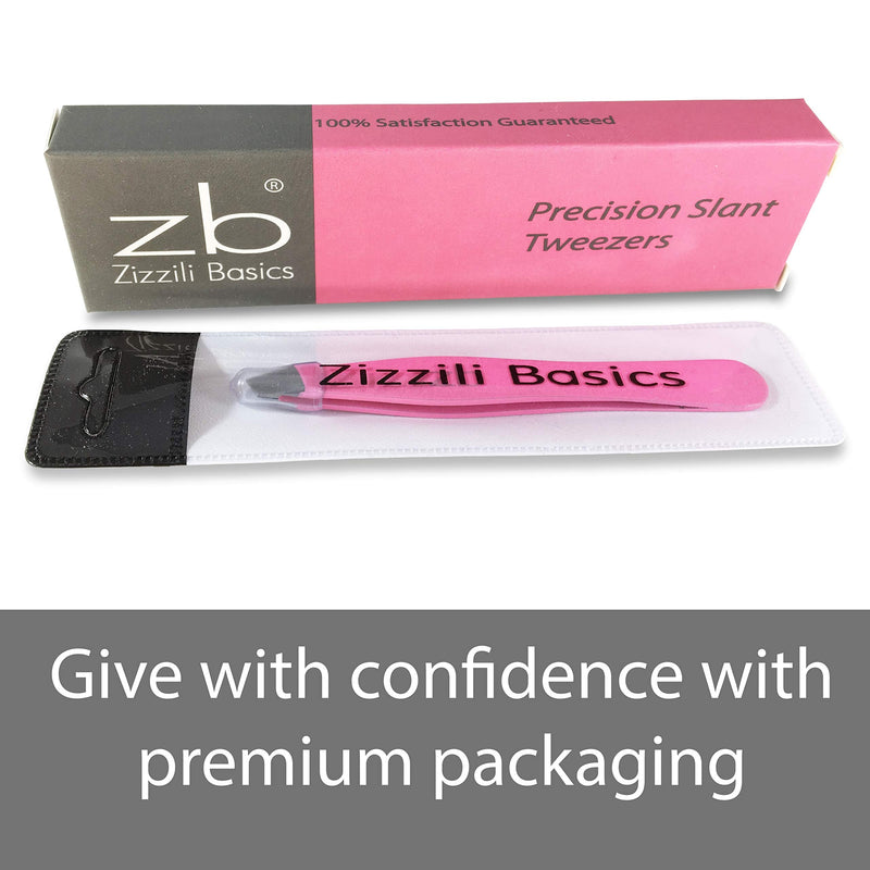 Tweezers – Surgical Grade Stainless Steel - Slant Tip for Expert Eyebrow Shaping and Facial Hair Removal – with Protective Pouch (Bubblegum Pink) Bubblegum Pink