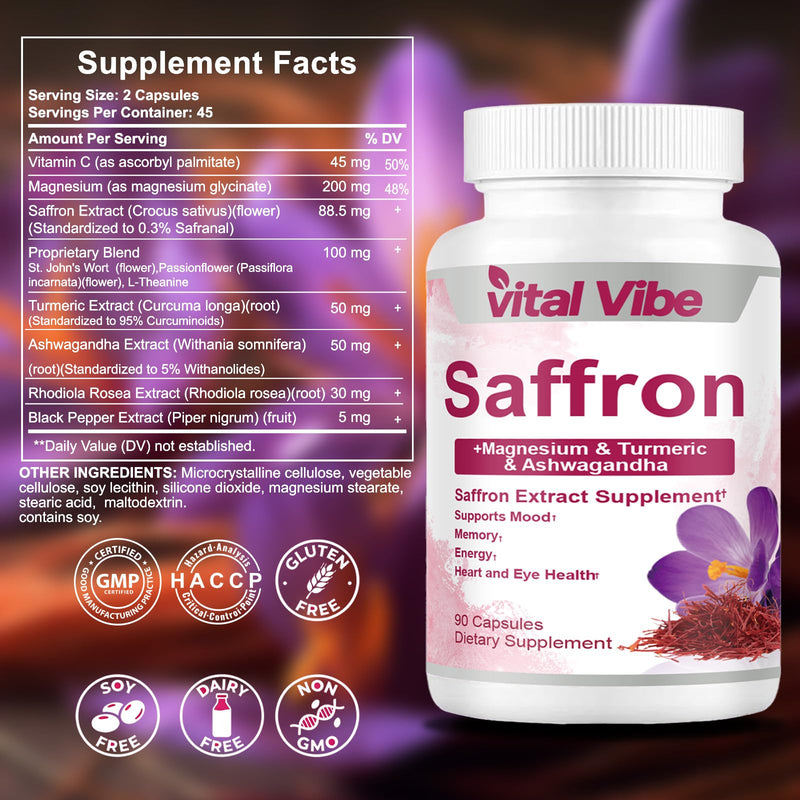 Calm Moon Capsules - Saffron Extract Supplement for Mood Support & Calm Energy – 8-in-1 with Ashwagandha & Magnesium – High Absorption Formula for Focus & Balance - 90 Vegan Capsules