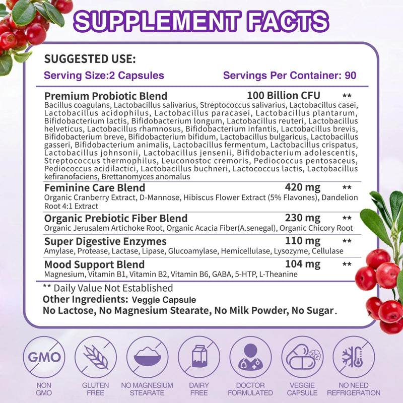 ZEBORA Probiotics for Women Digestive Health, 100 Billion CFUs, 90 Servings | With Digestive Enzymes, Prebiotics, D-Mannose, and Cranberry for Gut Health, Vaginal and Urinary Tract Balance 180 Count (Pack of 1)
