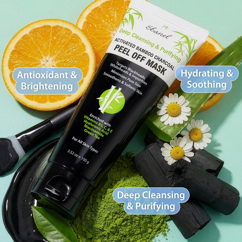 Ebanel Charcoal Peel Off Face Mask Applicator Set, Deep Pore Cleansing Mask | Pore Minimizer Blackhead Remover with Niacinamide, Hyaluronic Acid, Vitamin C, Green Tea, Black Masks Peel Off Gel Mask Charcoal Mask
