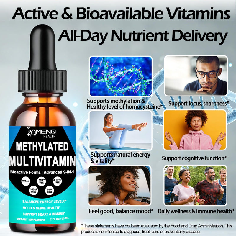 Methylated Multivitamin for Men Women & Kid, Advanced 8-in-1 Methylated B Complex w. VIT C D B12 Folate & TMG for MTHFR Energy Brain, Daily Methylated Vitamin Liquid Drop 6X Stronger Than Pill Capsule