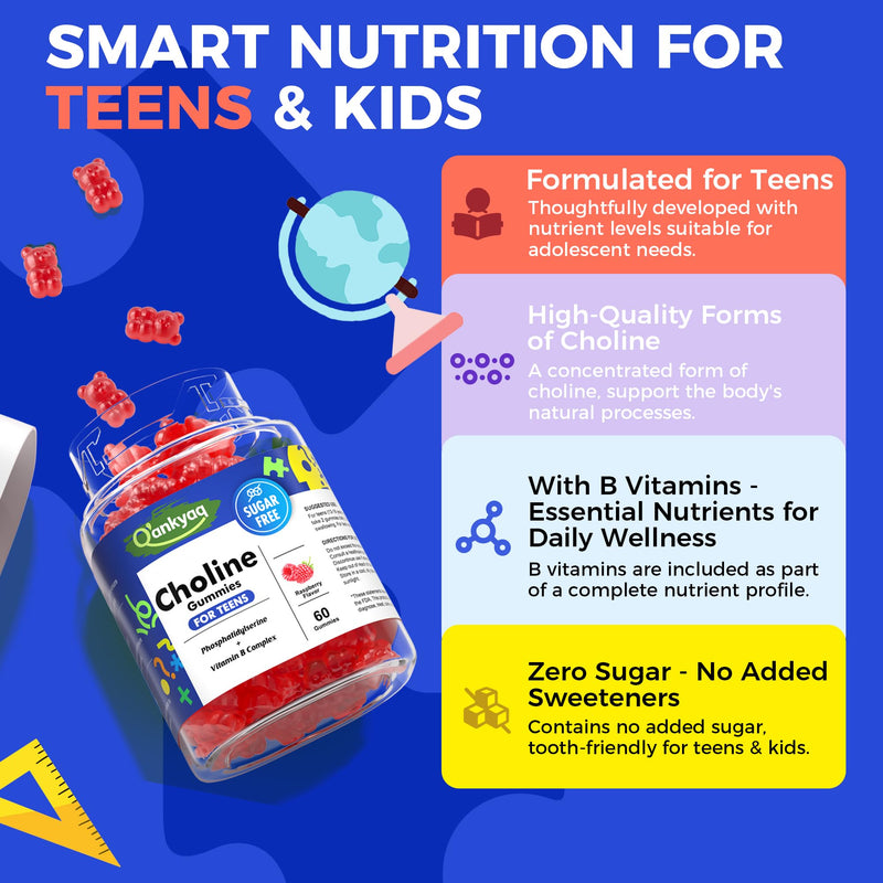 Choline Gummies for Kids & Teens, Brain Supplement with Phosphatidylserine | Choline, Phosphatidylserine & Active B Vitamins, Support Focus & Memory, Age-Based Formula, Daily Choline Support, Sugar Free