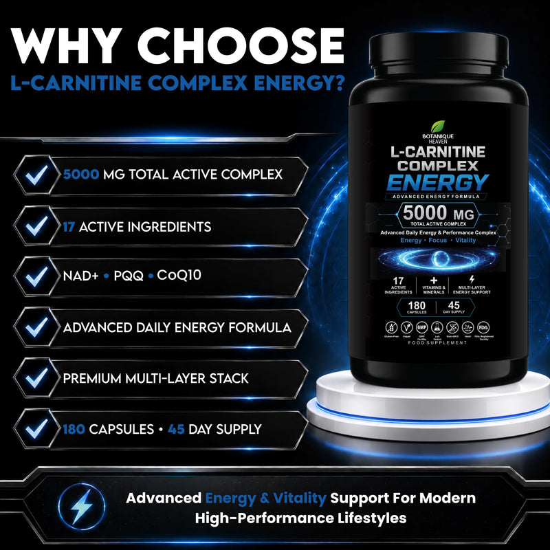 L-Carnitine Complex Energy 5000mg – Advanced Acetyl L-Carnitine Formula with NAD+, PQQ & CoQ10 – Energy & Metabolism Support – 17 Active Ingredients – 180 Vegan Capsules