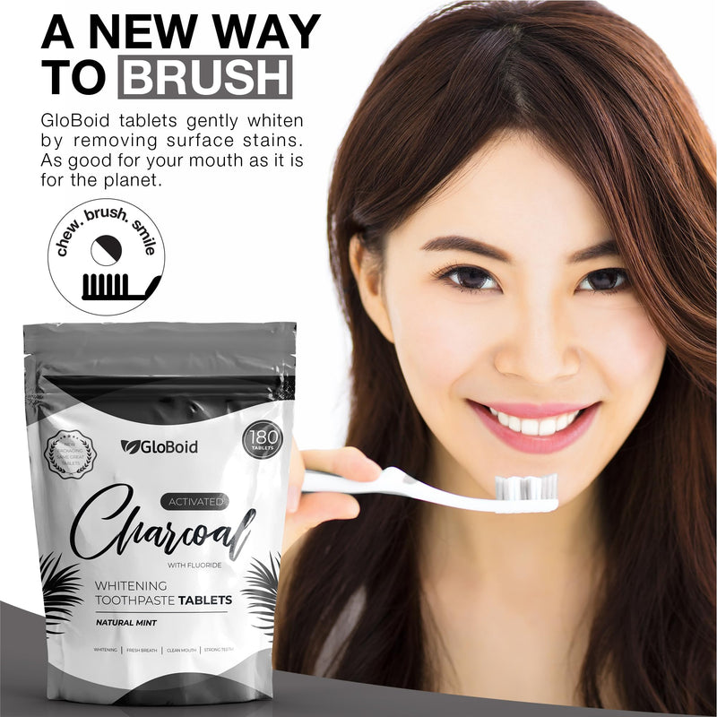[Australia] - GloBoid Charcoal Toothpaste Tablets with Fluoride Three Month Refill, Zero Waste, Eco Friendly & Plastic Free Toothpaste Tabs, Toothpaste Bites for Travel 180 Count (Pack of 1) 