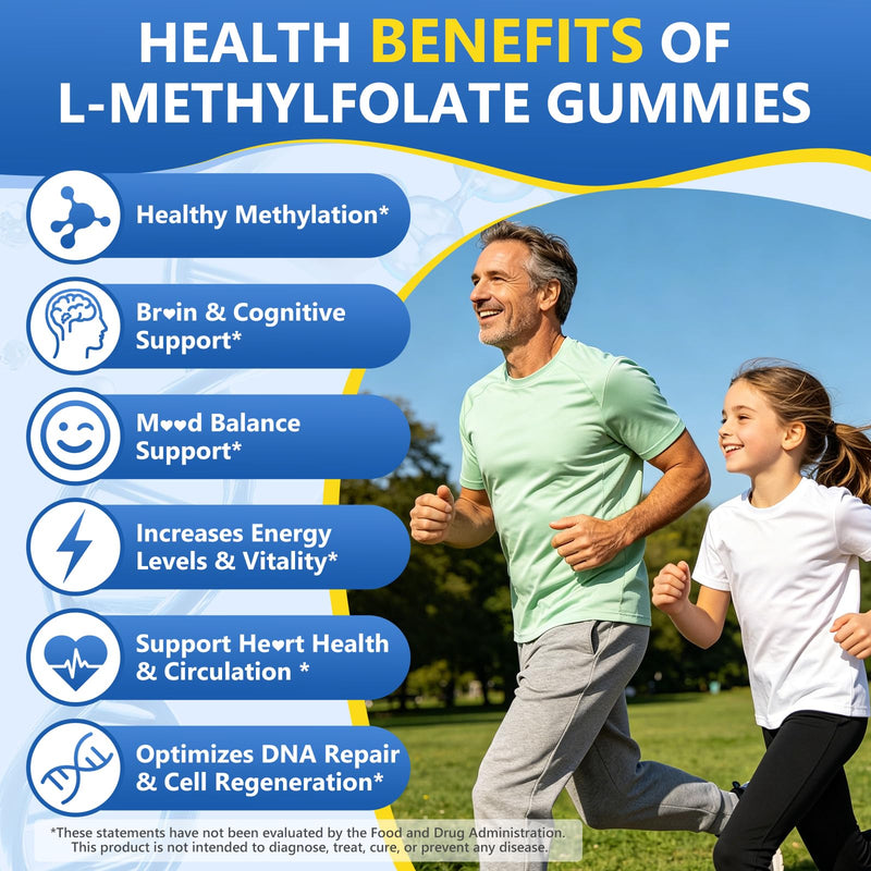 L-MethylFolate 15mg+ Methyl B12 Gummies for Kids & Adults - Active 5-MTHF with Methyl B6, B1, B2 Multivitamin, Supports MTHFR Gene, Cognition, Focus, Vegan, Raspberry Flavor, 60 Count 60 Count (Pack of 1)