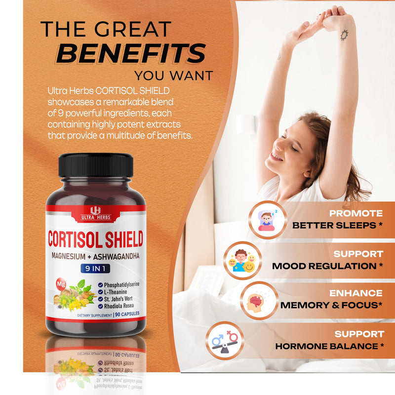 [Australia] - CORTISOL SHIELD 9 in 1-15,250mg Magnesium + Ashwagandha with Phosphatidylserine, L-Theanine, St. John's Wort, Rhodiola Rosea - Relaxation Support, Hormone Balance- USA made (90 count (pack of 1)) 90 Count (Pack of 1) 