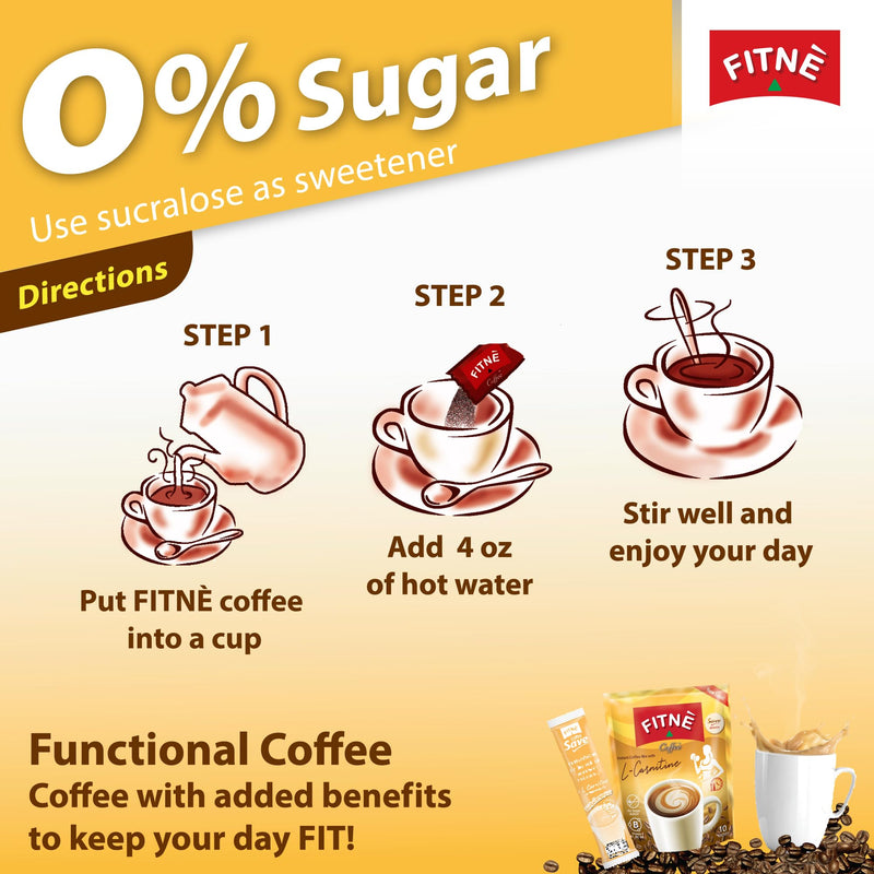FITNE Instant 3 in 1 Coffee Packets Mix with L-Carnitine for Workout Exercise Vitamin B1 B2 B6 Smooth Blend No Sugar Sucralose Sweetener, 10 Sachets 10 Count (Pack of 1)