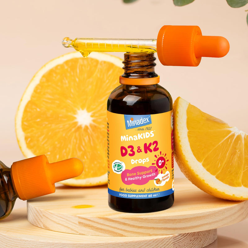 MinaKIDS D3 & K2 Drops – Delicious Orange Flavoured Supplement with 400 I.U D3, Essential Bone & Immune Support Vitamins for Babies and Children, Sugar-Free, Vegan, 60ml