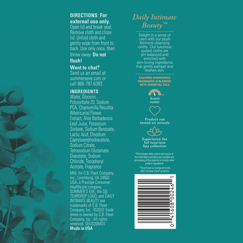 [Australia] - Summer's Eve Spa Calming Chamomile Feminine Wipes, 100% Plant Based*, pH balanced Plush Cloths, 24 Count Feminine Cloths 