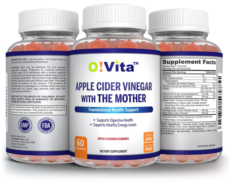 Apple Cider Vinegar Gummies with The Mother, Gluten Free, Vegan, Made with Pomagranate, Beet Root, and Vitamin B12 for Energy - 60 Non-GMO Apple Flavored Gummies, up to 2-Month Supply