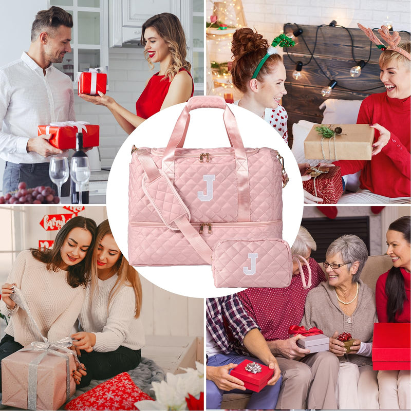 Personalized Initial Travel Bag, Quilted Duffle Bag, Weekender Bag for Women with Cosmetic Bag, Gym Bag with Shoe Compartment, Carry on Overnight Bag, Hospital Bag for Labor Delivery (Pink, J) Pink