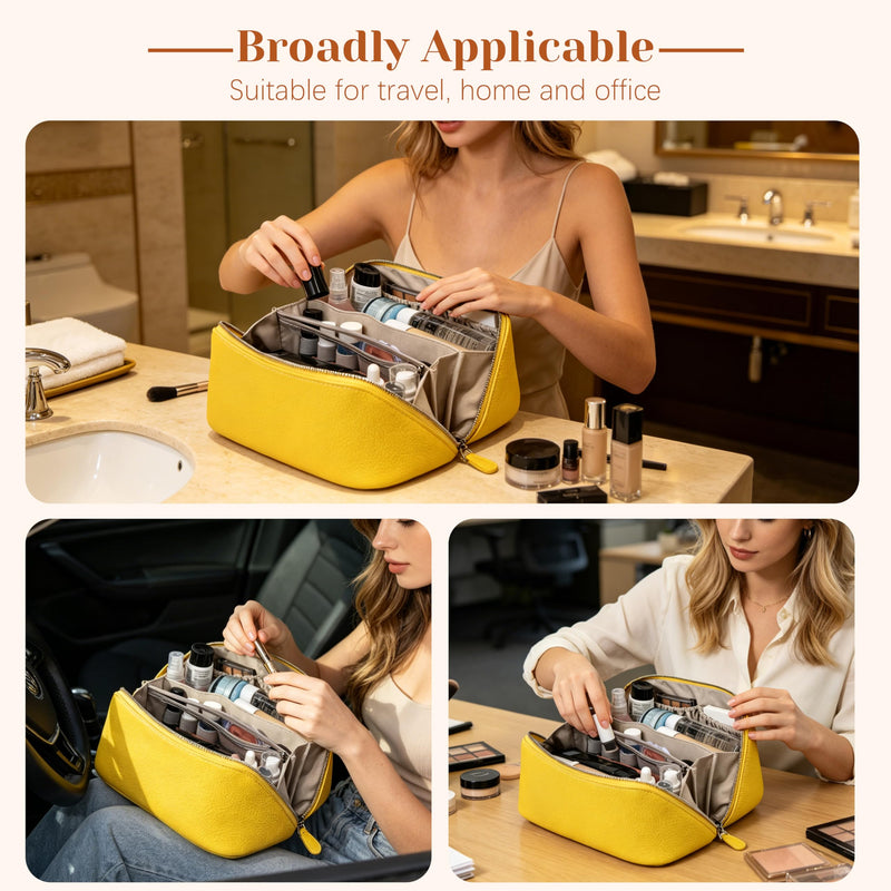 DORIS&JACKY Premium Leather Cosmetic Bag, Large Capacity Travel Makeup Case and Multi PocketsToiletry Storage Organizer with Divider and Tote Handle (4-Yellow) 4-Yellow