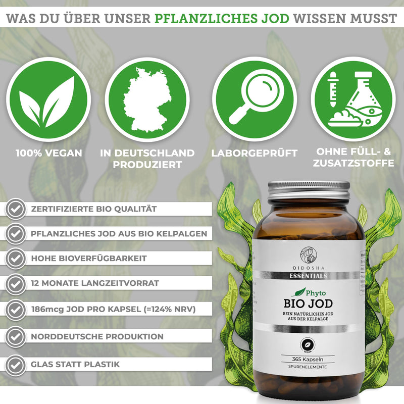 [Australia] - QIDOSHA® Iodine from organic kelp, 365 capsules in a pharmacist jar, vegetable iodine from organic kelp algae, vegan, each batch laboratory tested, German production 