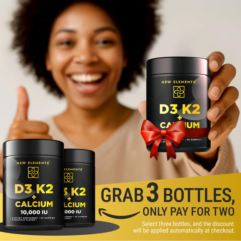 New Elements Vitamin D3 K2 Gummies 10000 IU with Calcium 100mg - VIT D3 for Adults - Mk7 Vitamin K2 100mcg - Vitamin D Supplement for Men & Women - Vegan Gluten Free Non-GMO 60 Count (Pack of 1)