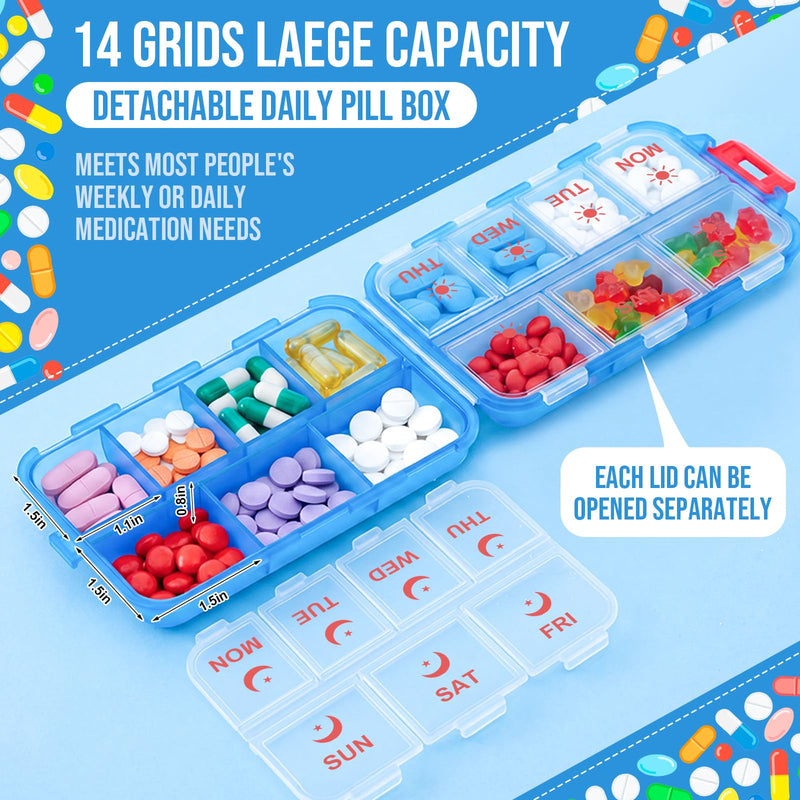 2 Pack Weekly Pill Organizer 2 Times a Day with Label, 14 Compartments Foldable Am Pm 7 Day Week Medicine Box Pocket Portable Daily Travel Pill Case Dispenser for Vitamin Fish Oil Supplement Gray, Blue