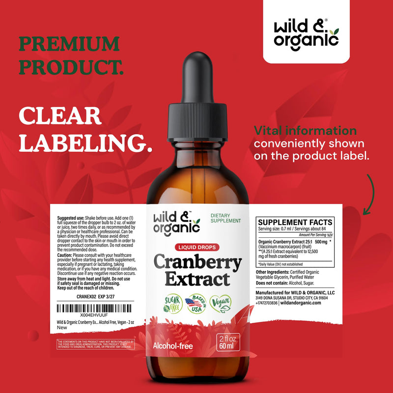 Wild & Organic Cranberry Supplement Drops - Urinary Tract Support - 2 oz | Antioxidant Source - Urinary Tract Support for Women & Men - Cranberry Extract Liquid Supplement - Alcohol-Free Tincture 2 Fl Oz (Pack of 1)