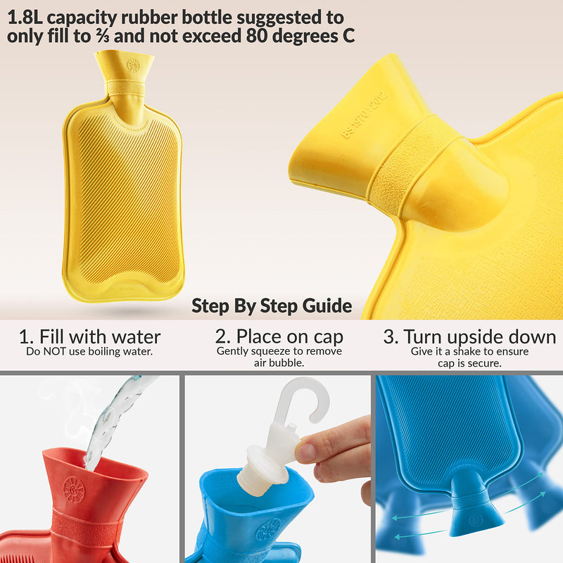 [Australia] - Hot Water Bottle Without Cover, Pack of 2 and 3 Hot Water Bottles Large 1.8L Rubber, Hot Water Bottle Robust and Durable Made of Natural Rubber, Bed Bottle for Children and Adults (Blue/Red/Yellow, 3 Pack) Blue/Red/Yellow 