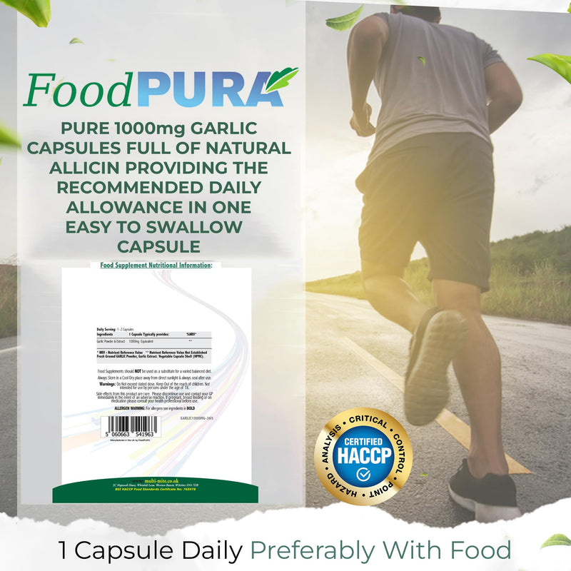 365 X Pure Garlic Capsules Recommended Daily Strength 1000mg - Capsules are The SAFEST Way to take Any Supplement! HACCP Certified, Manufactured in The UK. 365 count (Pack of 1)