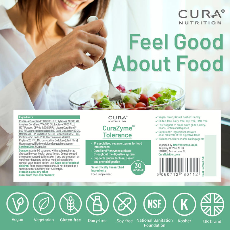 CURAZYME Tolerance (30 Capsules) Food Intolerance Digestive Enzymes Supplement for Gut Health Support, Broad Spectrum Enzyme Complex for Bloating, Heartburn, Digestion Relief, Vegan FOOD INTOLERANCE SUPPORT 30 count (Pack of 1)