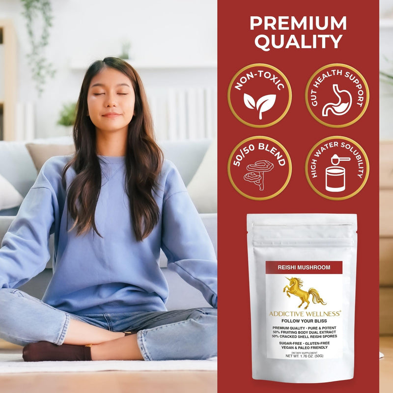Addictive Wellness Reishi Mushroom Extract Powder + Spores (50/50 Blend) Wood Grown Pure & Potent Wildcrafted Ganoderma 50 g (Pack of 1)