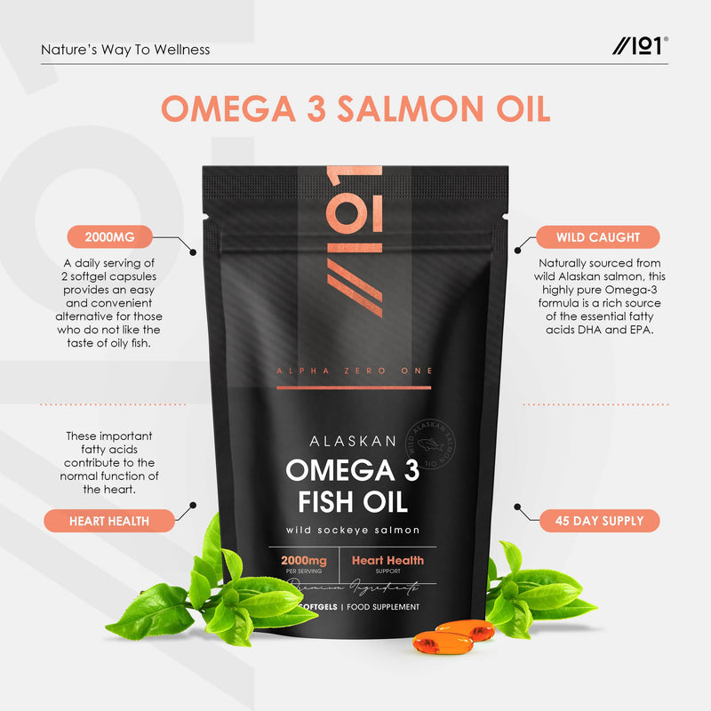 Alaskan Omega 3 Fish (Salmon) Oil 2000mg - Wild Caught Sockeye Salmon Oil 360mg EPA 240mg DHA - 90 Softgels - Resealable and Recyclable Pouch by Alpha01 1 count (Pack of 90)